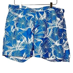 Ibiza Ocean Club Men's Swim Trunks Blue Aloha White Floral Hibiscus Size 34‎